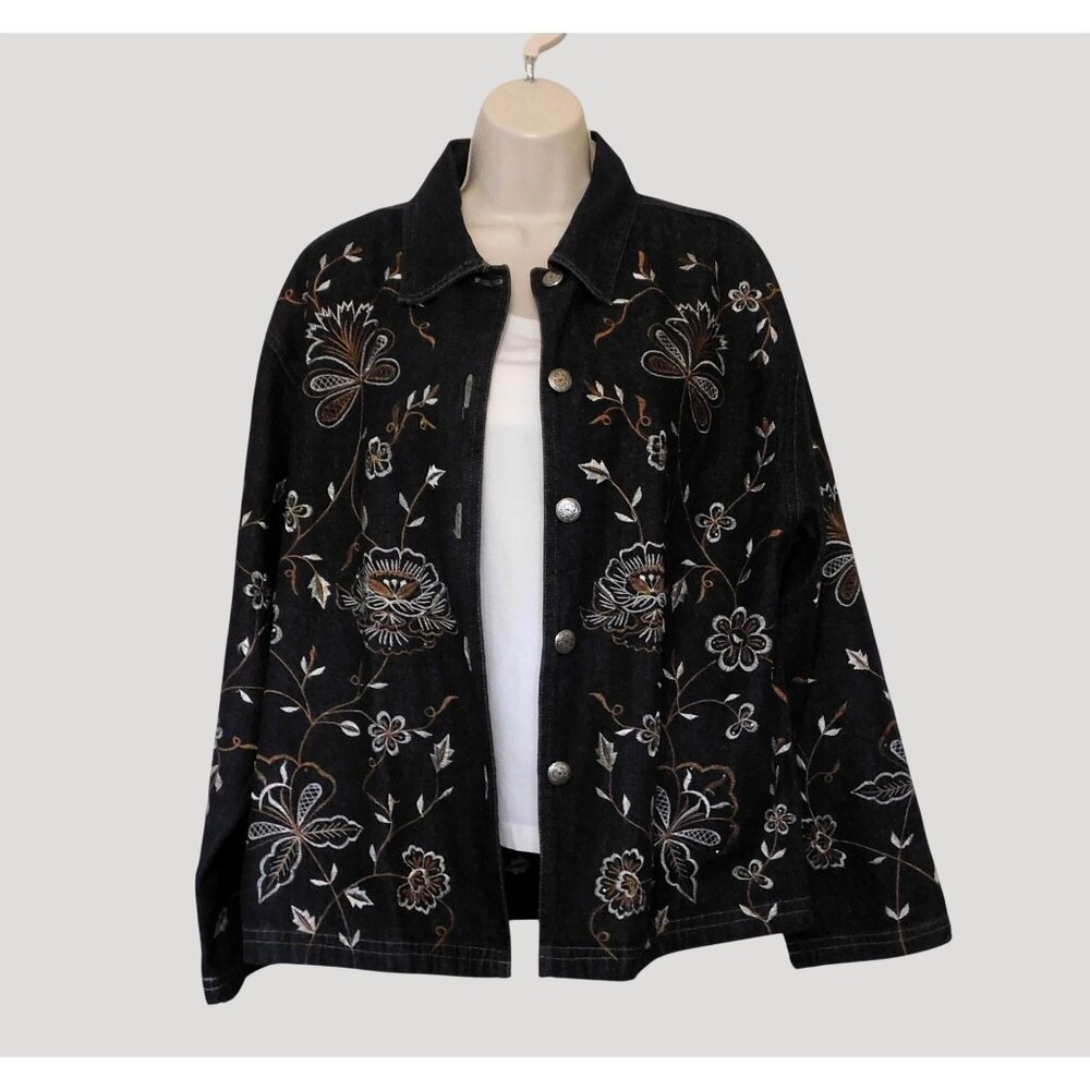 New Direction Embroidered Denim Jacket Large Black Floral Beaded Metal Buttons - Picture 1 of 11